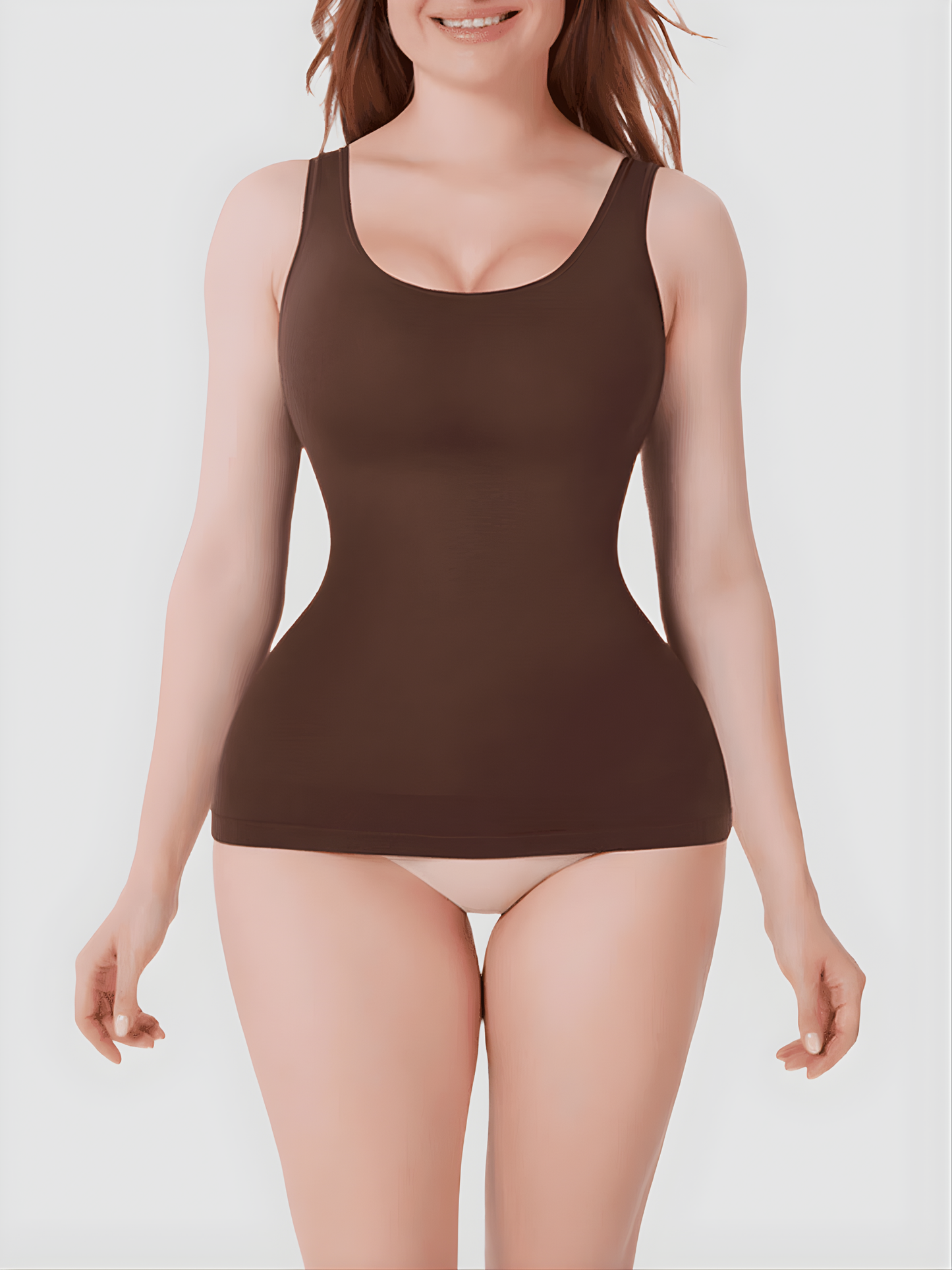 Woman wearing a brown shapewear tank top by BodyFlexx on a white background.