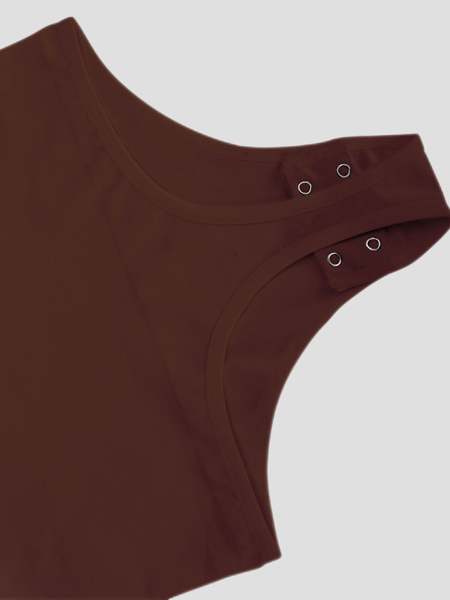Close-up of the triple button crotch closure designed for bathroom convenience on a brown halter shapewear bodysuit.