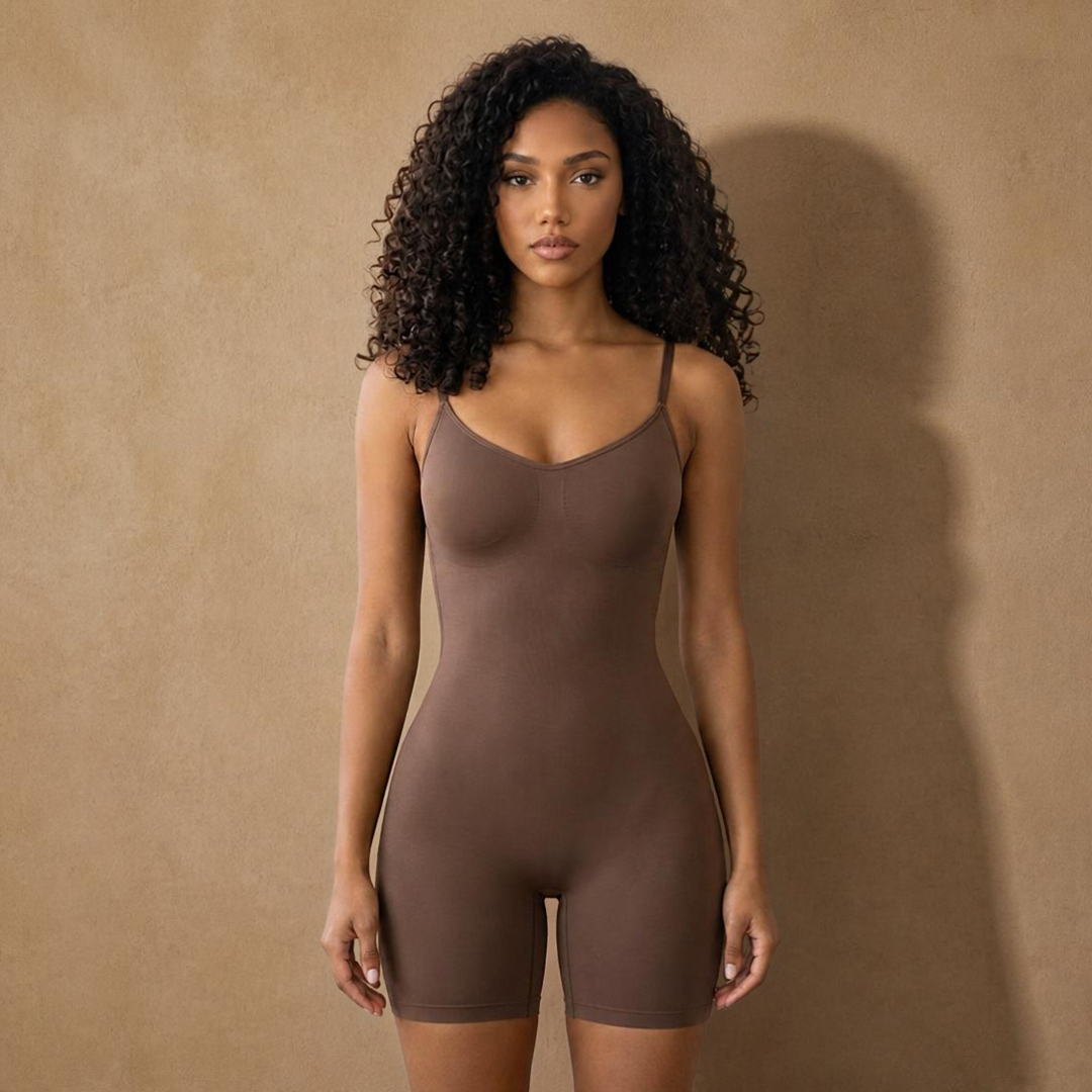 A woman with curly dark hair wearing a brown shapewear bodysuit with tummy-control, thigh sculpting and booty-lifting, standing in a bright, minimalist studio with large windows.