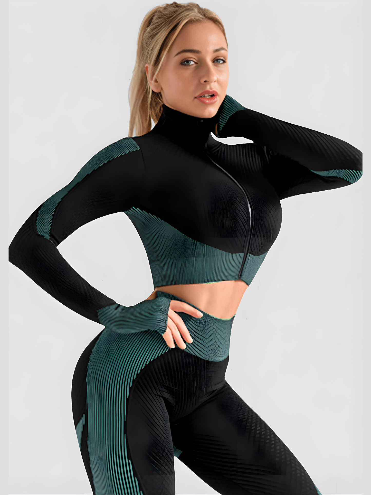 Woman wearing a teal and black zippered cropped activewear BBL jacket with matching leggings.