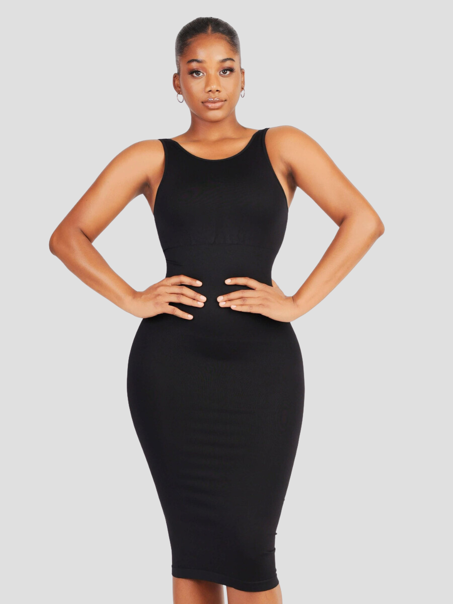 Shapewear dress, shaping dress, sleeveless, black shaper dress mid-calf padded bra shapewear, Outerwear shapewear, shapewear outerwear, Waist cinching, Waist snatching, snatched, Hidden shapwear, built-in shapewear, shapewear technology, stretchy, compression, arm slimming, tummy control, body contouring, best shapewear for women, shapewear on sale, Canadian shapewear brand, skims, spanx, popilush, shapermint. Feelin girl.