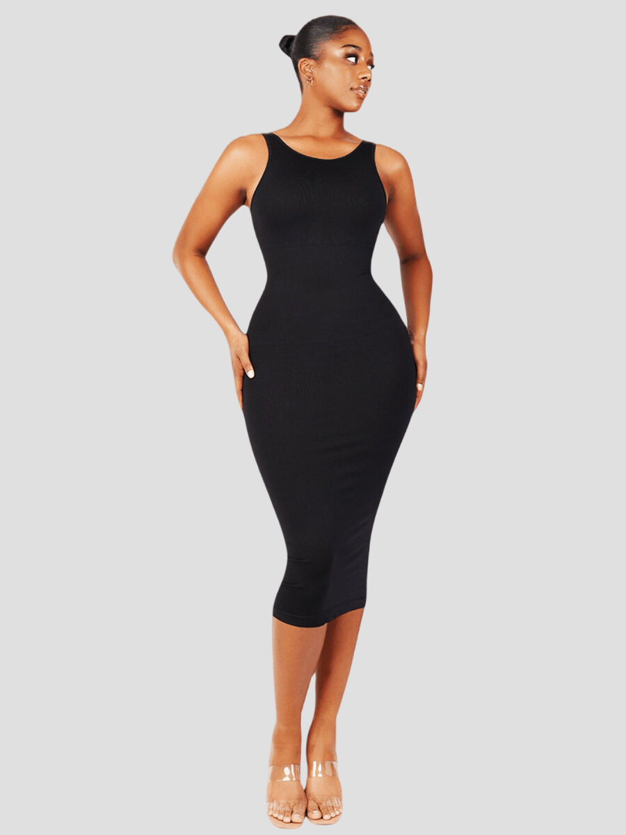 Shapewear dress, shaping dress, sleeveless, black shaper dress mid-calf padded bra shapewear, Outerwear shapewear, shapewear outerwear, Waist cinching, Waist snatching, snatched, Hidden shapwear, built-in shapewear, shapewear technology, stretchy, compression, arm slimming, tummy control, body contouring, best shapewear for women, shapewear on sale, Canadian shapewear brand, skims, spanx, popilush, shapermint. Feelin girl.