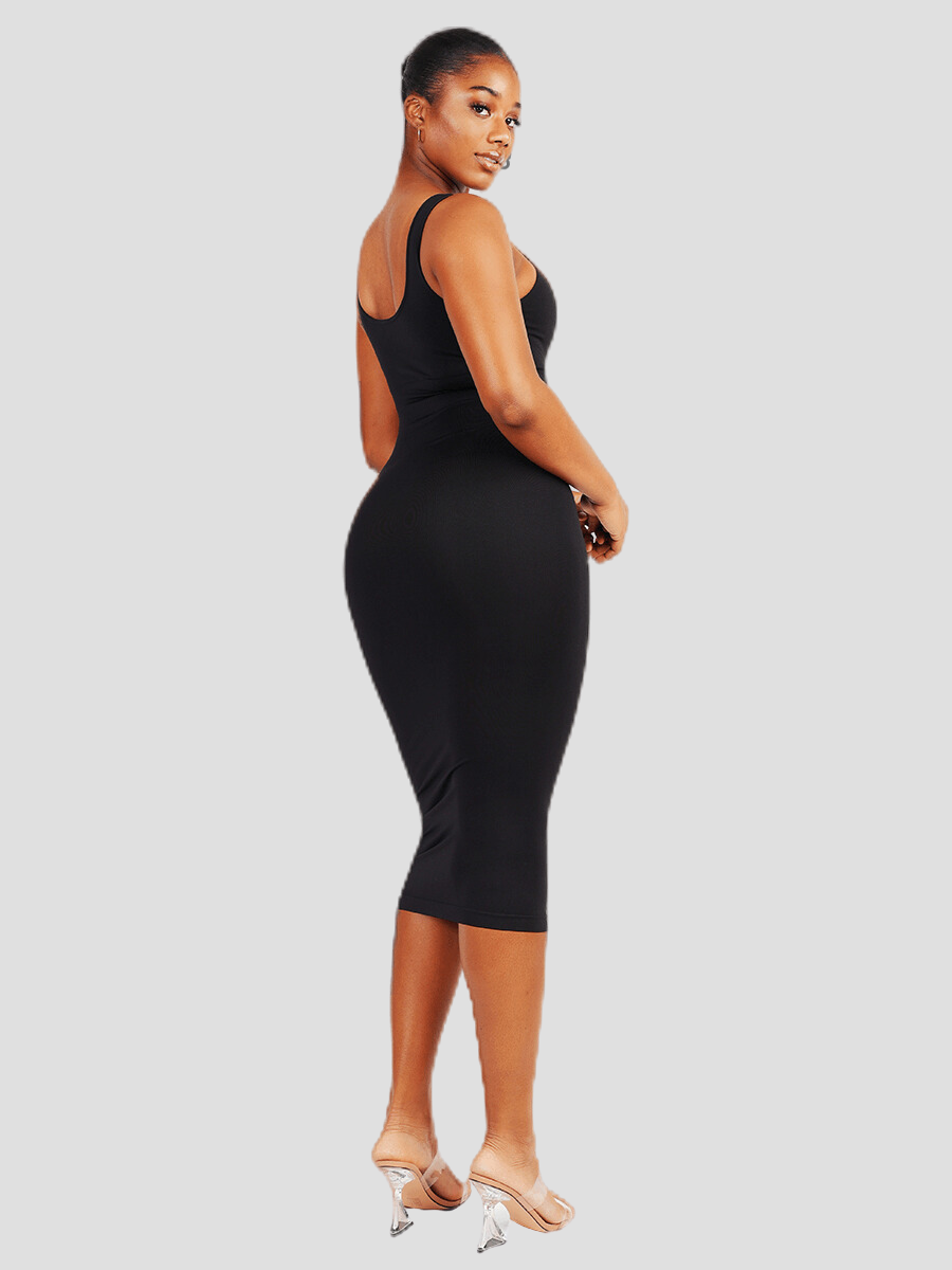 Shapewear dress, shaping dress, sleeveless, black shaper dress mid-calf padded bra shapewear, Outerwear shapewear, shapewear outerwear, Waist cinching, Waist snatching, snatched, Hidden shapwear, built-in shapewear, shapewear technology, stretchy, compression, arm slimming, tummy control, body contouring, best shapewear for women, shapewear on sale, Canadian shapewear brand, skims, spanx, popilush, shapermint. Feelin girl.
