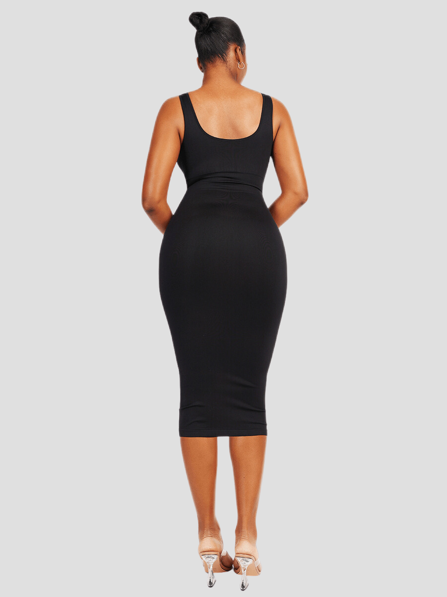 Shapewear dress, shaping dress, sleeveless, black shaper dress mid-calf padded bra shapewear, Outerwear shapewear, shapewear outerwear, Waist cinching, Waist snatching, snatched, Hidden shapwear, built-in shapewear, shapewear technology, stretchy, compression, arm slimming, tummy control, body contouring, best shapewear for women, shapewear on sale, Canadian shapewear brand, skims, spanx, popilush, shapermint. Feelin girl.'