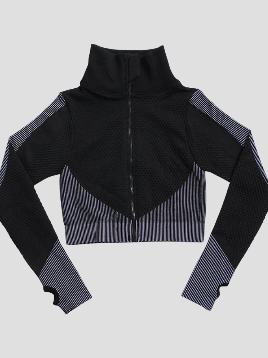 BBL Jacket, Cropped athletic set top with zipper stretchy jacket, workout outfit, athleisure, activewear, activewear sets, workout clothes for women, sweat-wicking, high compression, cellulite smoothing, BBL Jacket, plus size gym outfits, workout wear, gym wear, athletic outfits, nike, under armour, adidas, puma, champion, bombshell activewear, gymshark women, Girlfriend Collective, lululemon, Alo Yoga, Bandier, Athleta, Athletica, Fabletics, Revenge body, black, grey, gray, silver.
