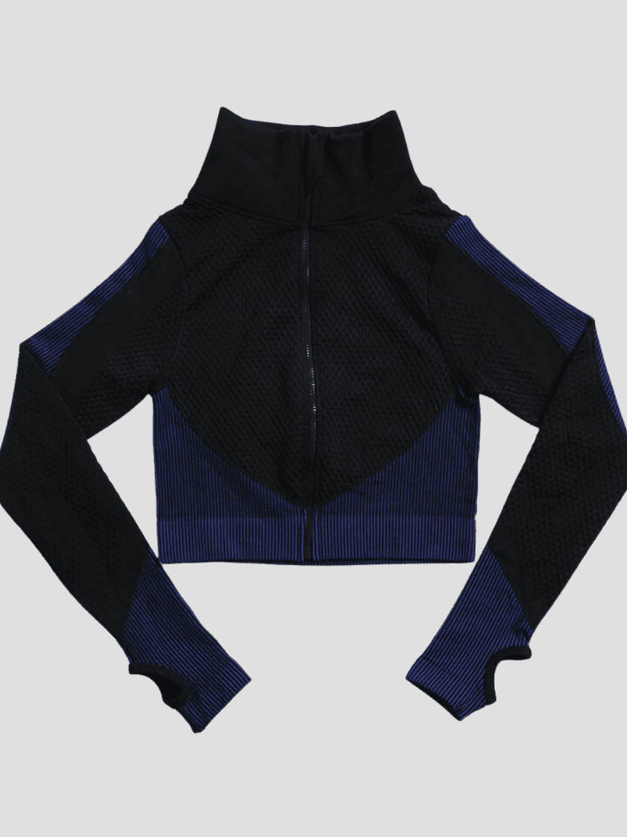 BBL Jacket, Cropped athletic set top with zipper stretchy jacket, workout outfit, athleisure, activewear, activewear sets, workout clothes for women, sweat-wicking, high compression, cellulite smoothing, BBL Jacket, plus size gym outfits, workout wear, gym wear, athletic outfits, nike, under armour, adidas, puma, champion, bombshell activewear, gymshark women, Girlfriend Collective, lululemon, Alo Yoga, Bandier, Athleta, Athletica, Fabletics, Revenge body, Black, blue.