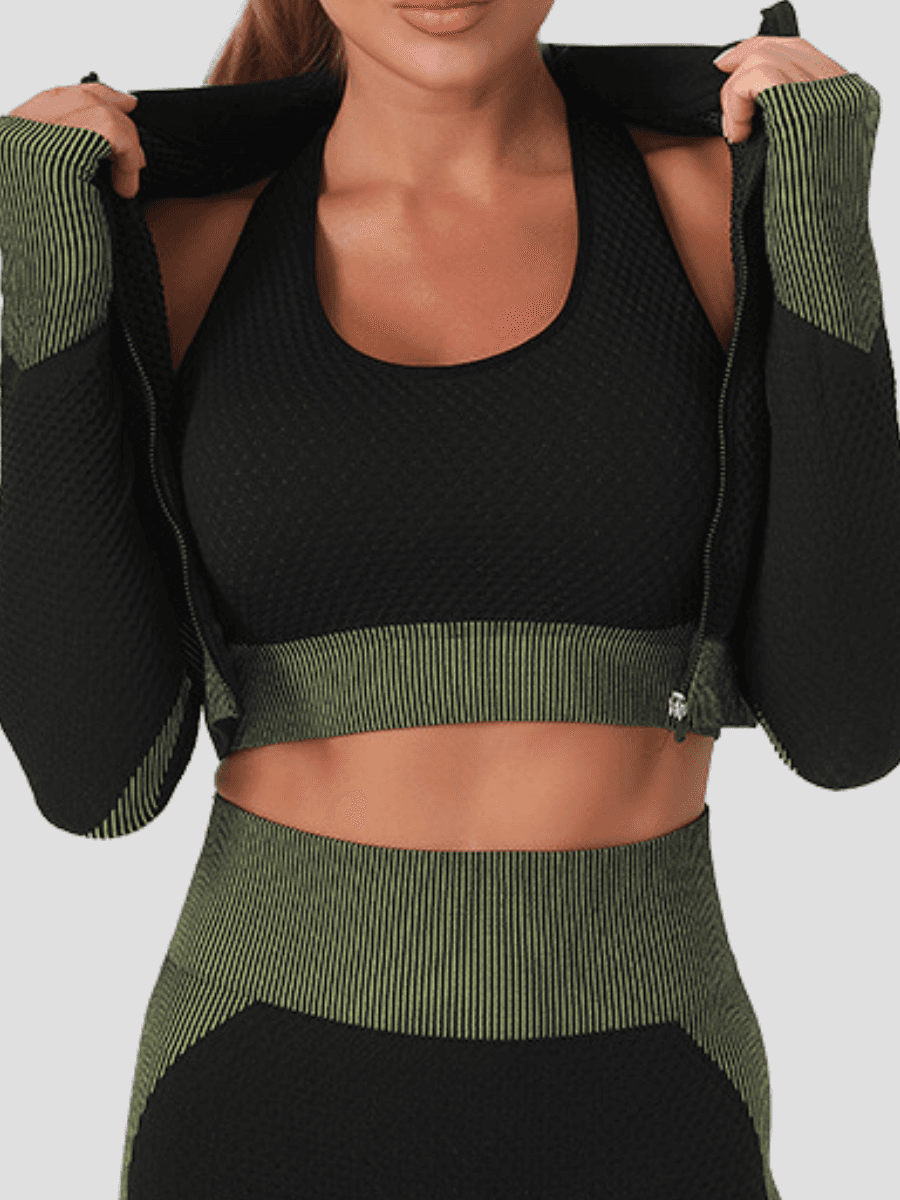 BBL Jacket, Cropped athletic set top with zipper stretchy jacket, workout outfit, athleisure, activewear, activewear sets, workout clothes for women, sweat-wicking, high compression, cellulite smoothing, BBL Jacket, plus size gym outfits, workout wear, gym wear, athletic outfits, nike, under armour, adidas, puma, champion, bombshell activewear, gymshark women, Girlfriend Collective, lululemon, Alo Yoga, Bandier, Athleta, Athletica, Fabletics, Revenge body, Black, green.