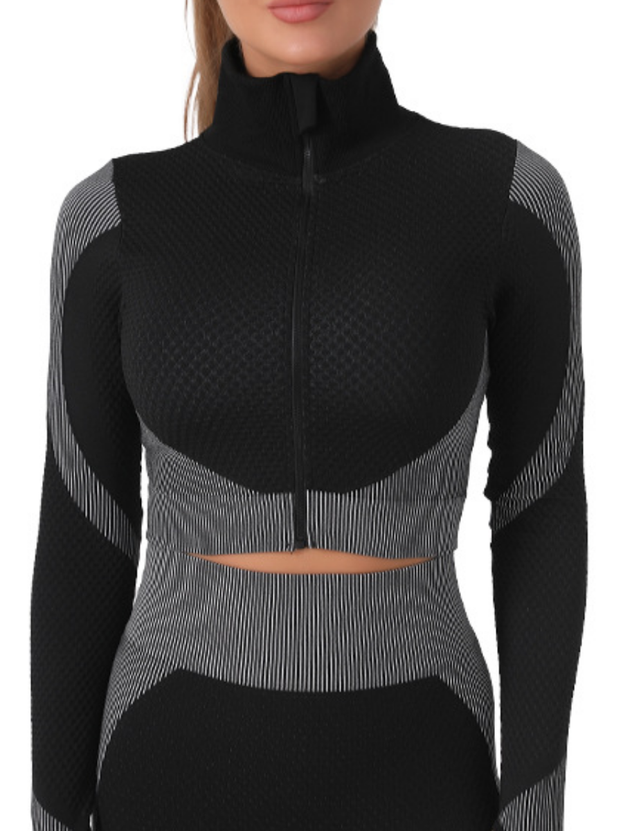 BBL Jacket. Cropped athletic set top with zipper stretchy jacket, BBL Jacket, workout outfit, athleisure, activewear, activewear sets, workout clothes for women, sweat-wicking, high compression, cellulite smoothing, BBL Jacket, plus size gym outfits, workout wear, gym wear, athletic outfits, nike, under armour, adidas, puma, champion, bombshell activewear, gymshark women, Girlfriend Collective, lululemon, Alo Yoga, Bandier, Athleta, Athletica, Fabletics, Revenge body, black, grey, gray, silver.