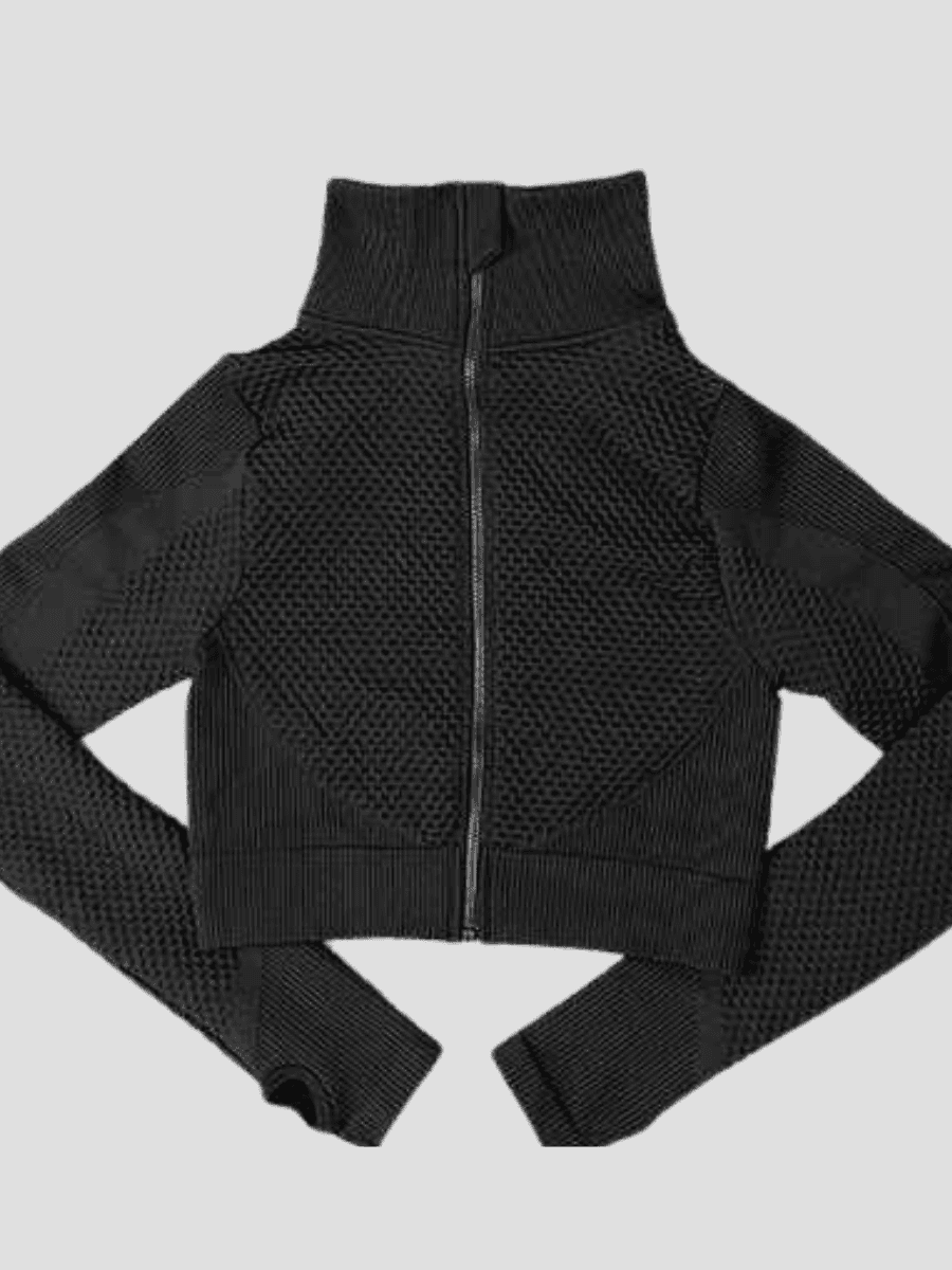 BBL Jacket, Cropped athletic set top with zipper stretchy jacket, workout outfit, athleisure, activewear, activewear sets, workout clothes for women, sweat-wicking, high compression, cellulite smoothing, BBL Jacket, plus size gym outfits, workout wear, gym wear, athletic outfits, nike, under armour, adidas, puma, champion, bombshell activewear, gymshark women, Girlfriend Collective, lululemon, Alo Yoga, Bandier, Athleta, Athletica, Fabletics, Revenge body, Black.