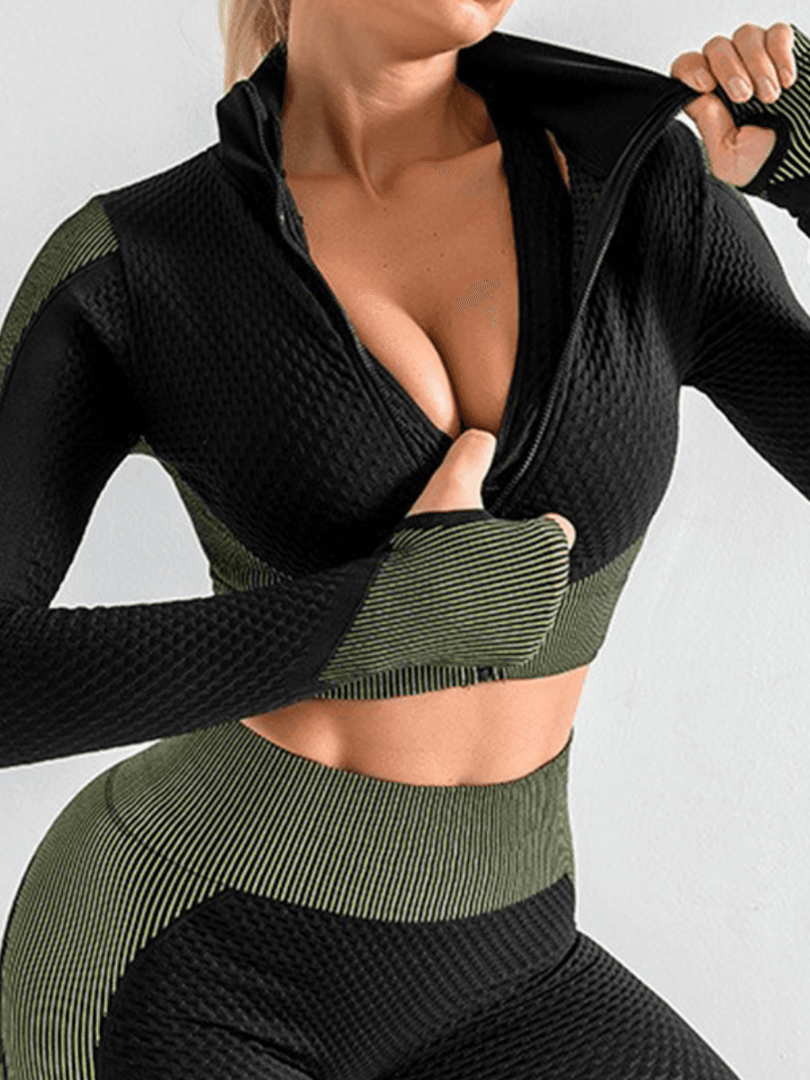 BBL Jacket, Cropped athletic set top with zipper stretchy jacket, workout outfit, athleisure, activewear, activewear sets, workout clothes for women, sweat-wicking, high compression, cellulite smoothing, BBL Jacket, plus size gym outfits, workout wear, gym wear, athletic outfits, nike, under armour, adidas, puma, champion, bombshell activewear, gymshark women, Girlfriend Collective, lululemon, Alo Yoga, Bandier, Athleta, Athletica, Fabletics, Revenge body, Black, green.