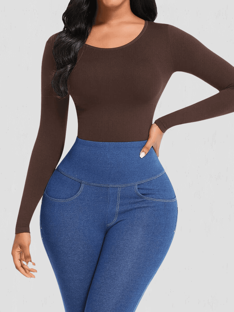 Shapewear, shaping bodysuit compression brown chocolate, Outerwear shapewear, shapewear outerwear, Waist cinching, Waist snatching, snatched, Hidden shapwear, built-in shapewear, shapewear technology, stretchy, compression, arm slimming, tummy control, body contouring, best shapewear for women, shapewear on sale, Canadian shapewear brand, skims, spanx, popilush, shapermint. Feelin girl.