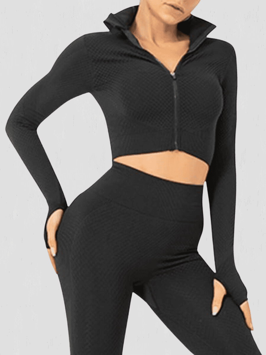 BBL Jacket, Cropped athletic set top with zipper stretchy jacket, workout outfit, athleisure, activewear, activewear sets, workout clothes for women, sweat-wicking, high compression, cellulite smoothing, BBL Jacket, plus size gym outfits, workout wear, gym wear, athletic outfits, nike, under armour, adidas, puma, champion, bombshell activewear, gymshark women, Girlfriend Collective, lululemon, Alo Yoga, Bandier, Athleta, Athletica, Fabletics, Revenge body, Black.