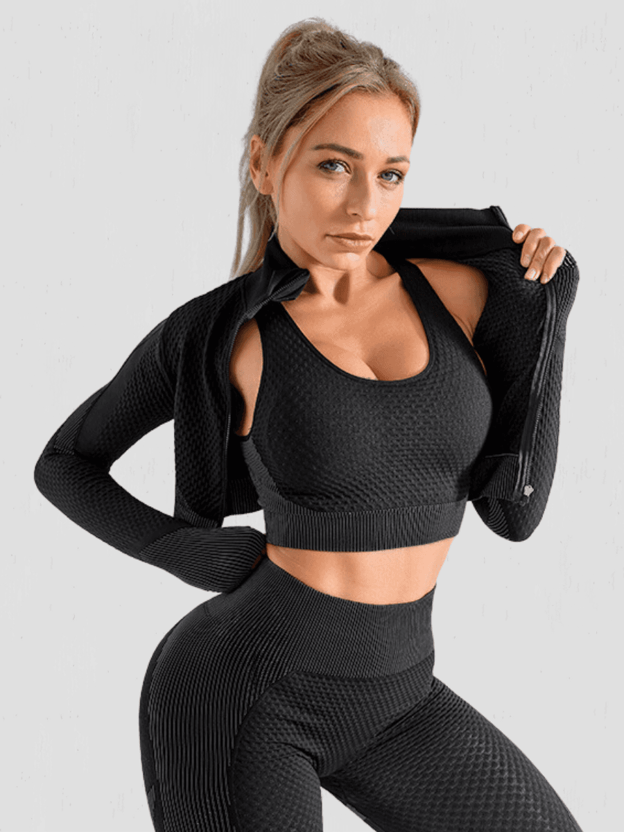 BBL Jacket, Cropped athletic set top with zipper stretchy jacket, workout outfit, athleisure, activewear, activewear sets, workout clothes for women, sweat-wicking, high compression, cellulite smoothing, BBL Jacket, plus size gym outfits, workout wear, gym wear, athletic outfits, nike, under armour, adidas, puma, champion, bombshell activewear, gymshark women, Girlfriend Collective, lululemon, Alo Yoga, Bandier, Athleta, Athletica, Fabletics, Revenge body, Black.