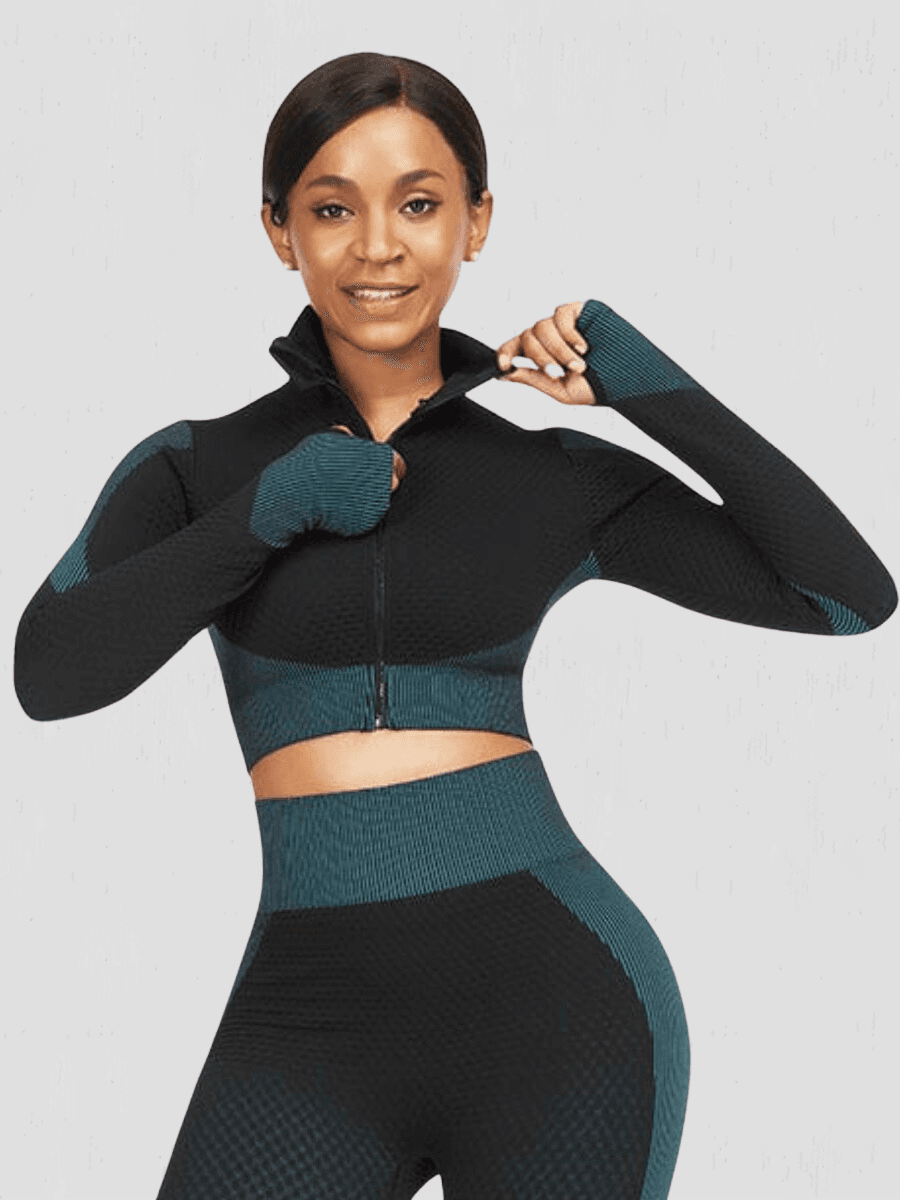 BBL Jacket, Cropped athletic set top with zipper stretchy jacket, workout outfit, athleisure, activewear, activewear sets, workout clothes for women, sweat-wicking, high compression, cellulite smoothing, BBL Jacket, plus size gym outfits, workout wear, gym wear, athletic outfits, nike, under armour, adidas, puma, champion, bombshell activewear, gymshark women, Girlfriend Collective, lululemon, Alo Yoga, Bandier, Athleta, Athletica, Fabletics, Revenge body, Black, teal, blue, Turquoise.