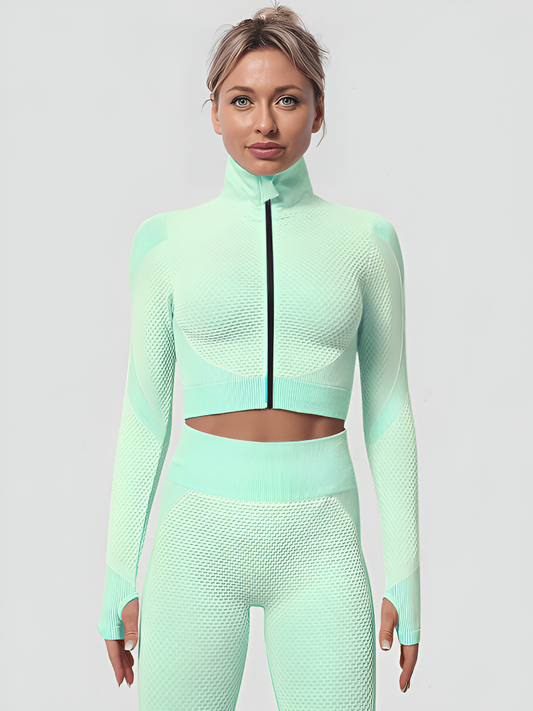 Cropped athletic set top with zipper stretchy jacket, workout outfit, athleisure, activewear, activewear sets, workout clothes for women, sweat-wicking, high compression, cellulite smoothing, BBL Jacket, plus size gym outfits, workout wear, gym wear, athletic outfits, nike, under armour, adidas, puma, champion, bombshell activewear, gymshark women, Girlfriend Collective, lululemon, Alo Yoga, Bandier, Athleta, Athletica, Fabletics, Revenge body, Teal Blue, Green.