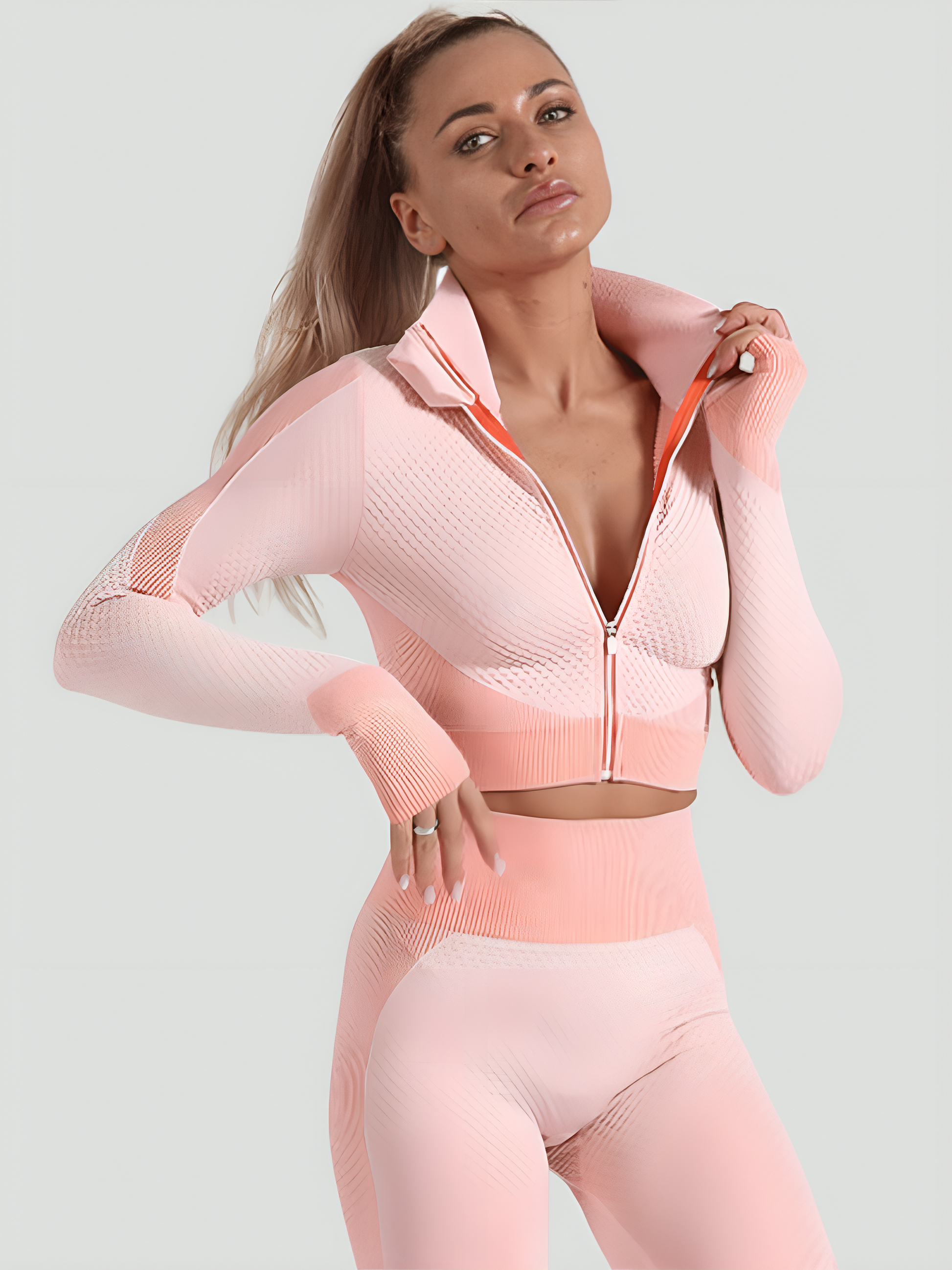 Cropped athletic set top with zipper stretchy jacket, workout outfit, athleisure, activewear, activewear sets, workout clothes for women, sweat-wicking, high compression, cellulite smoothing, BBL Jacket, plus size gym outfits, workout wear, gym wear, athletic outfits, nike, under armour, adidas, puma, champion, bombshell activewear, gymshark women, Girlfriend Collective, lululemon, Alo Yoga, Bandier, Athleta, Athletica, Fabletics, Revenge body, pink.