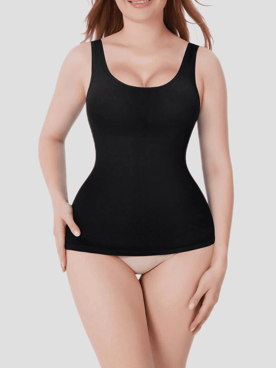Shapewear top tank cami black tummy control breast support shaping tank, Outerwear shapewear, shapewear outerwear, Waist cinching, Waist snatching, snatched, Hidden shapwear, built-in shapewear, shapewear technology, stretchy, compression, arm slimming, tummy control, body contouring, best shapewear for women, shapewear on sale, Canadian shapewear brand, skims, spanx, popilush, shapermint. Feelin girl.