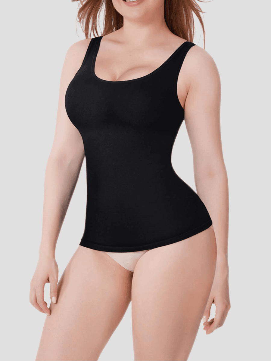 Shapewear top tank cami black tummy control breast support shaping tank, Outerwear shapewear, shapewear outerwear, Waist cinching, Waist snatching, snatched, Hidden shapwear, built-in shapewear, shapewear technology, stretchy, compression, arm slimming, tummy control, body contouring, best shapewear for women, shapewear on sale, Canadian shapewear brand, skims, spanx, popilush, shapermint. Feelin girl.