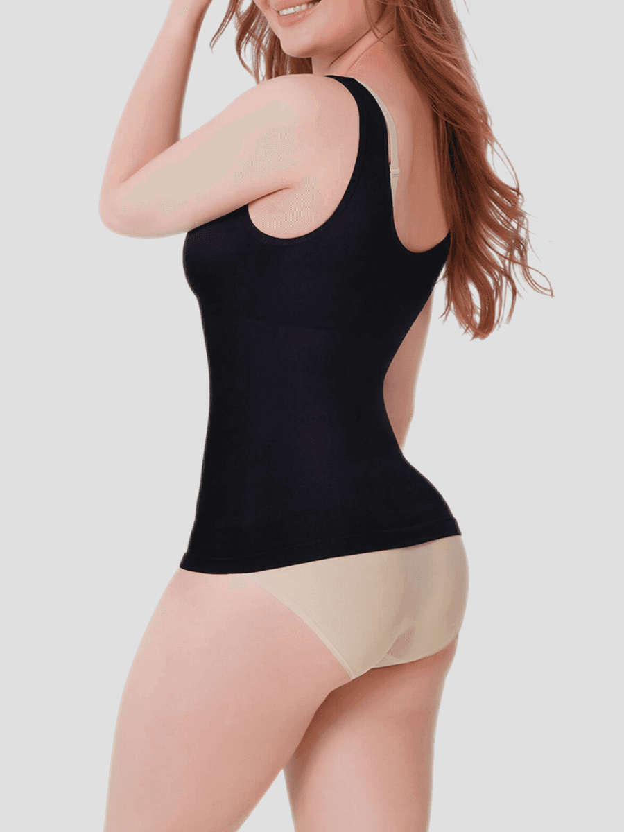 Shapewear top tank cami black tummy control breast support shaping tank, Outerwear shapewear, shapewear outerwear, Waist cinching, Waist snatching, snatched, Hidden shapwear, built-in shapewear, shapewear technology, stretchy, compression, arm slimming, tummy control, body contouring, best shapewear for women, shapewear on sale, Canadian shapewear brand, skims, spanx, popilush, shapermint. Feelin girl.