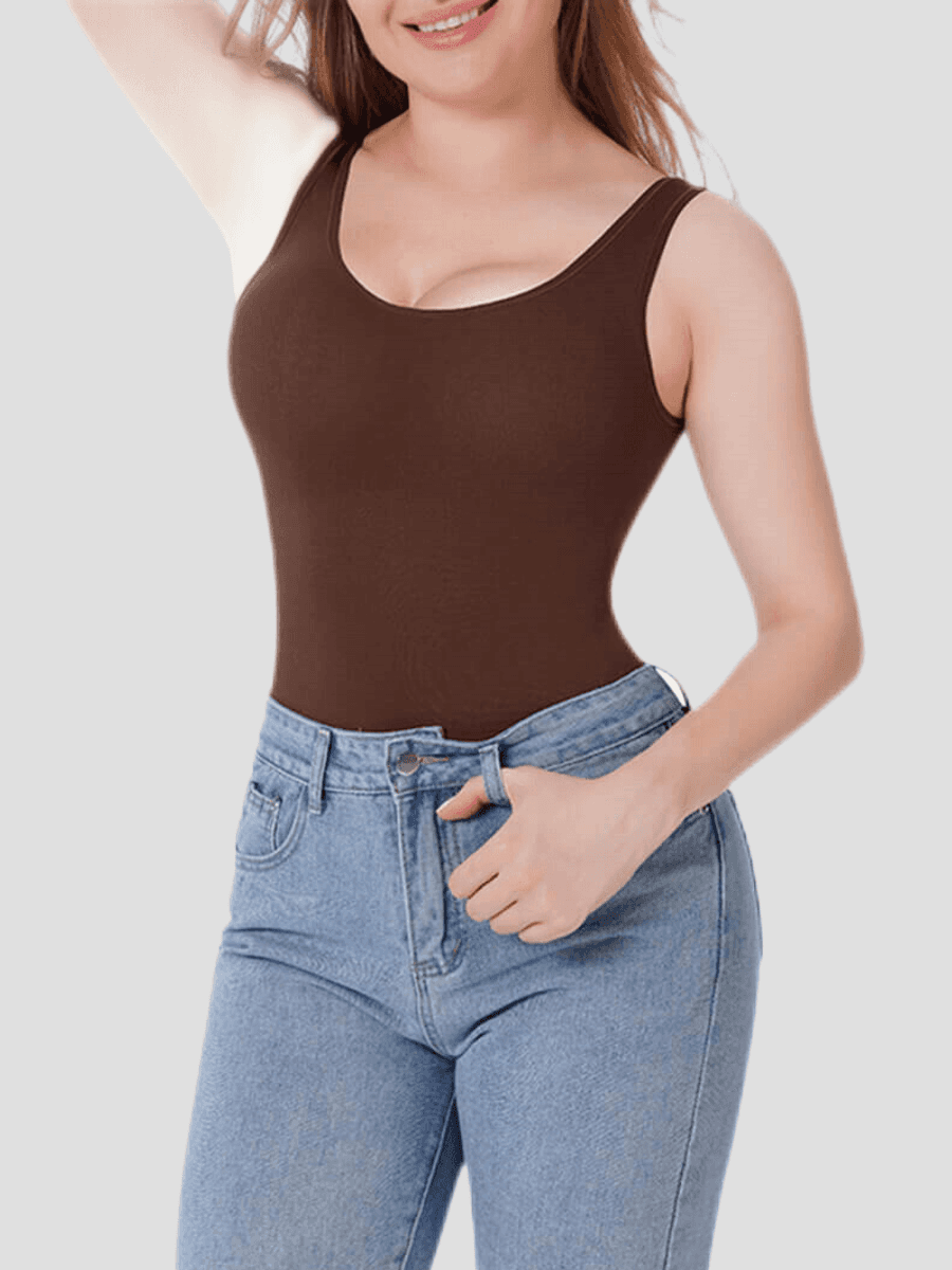 Shapewear top tank cami brown tummy control breast support shaping tank, Outerwear shapewear, shapewear outerwear, Waist cinching, Waist snatching, snatched, Hidden shapwear, built-in shapewear, shapewear technology, stretchy, compression, arm slimming, tummy control, body contouring, best shapewear for women, shapewear on sale, Canadian shapewear brand, skims, spanx, popilush, shapermint. Feelin girl.