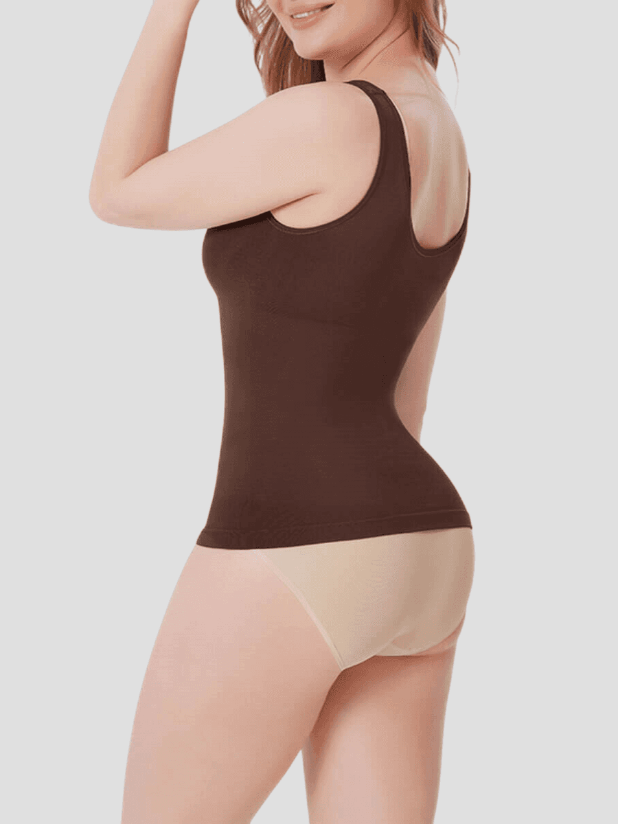 Shapewear top tank cami brown tummy control breast support shaping tank, Outerwear shapewear, shapewear outerwear, Waist cinching, Waist snatching, snatched, Hidden shapwear, built-in shapewear, shapewear technology, stretchy, compression, arm slimming, tummy control, body contouring, best shapewear for women, shapewear on sale, Canadian shapewear brand, skims, spanx, popilush, shapermint. Feelin girl.