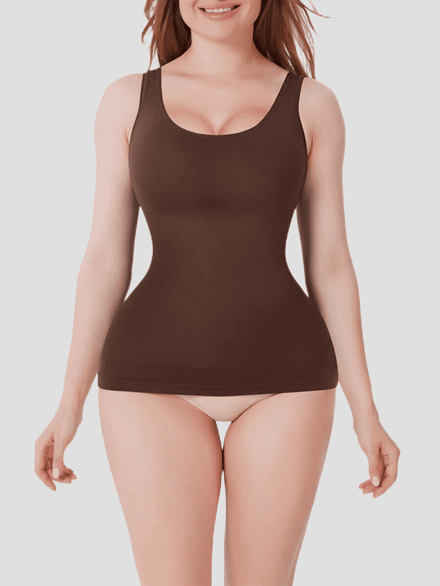 Shapewear top tank cami brown tummy control breast support shaping tank, Outerwear shapewear, shapewear outerwear, Waist cinching, Waist snatching, snatched, Hidden shapwear, built-in shapewear, shapewear technology, stretchy, compression, arm slimming, tummy control, body contouring, best shapewear for women, shapewear on sale, Canadian shapewear brand, skims, spanx, popilush, shapermint. Feelin girl.