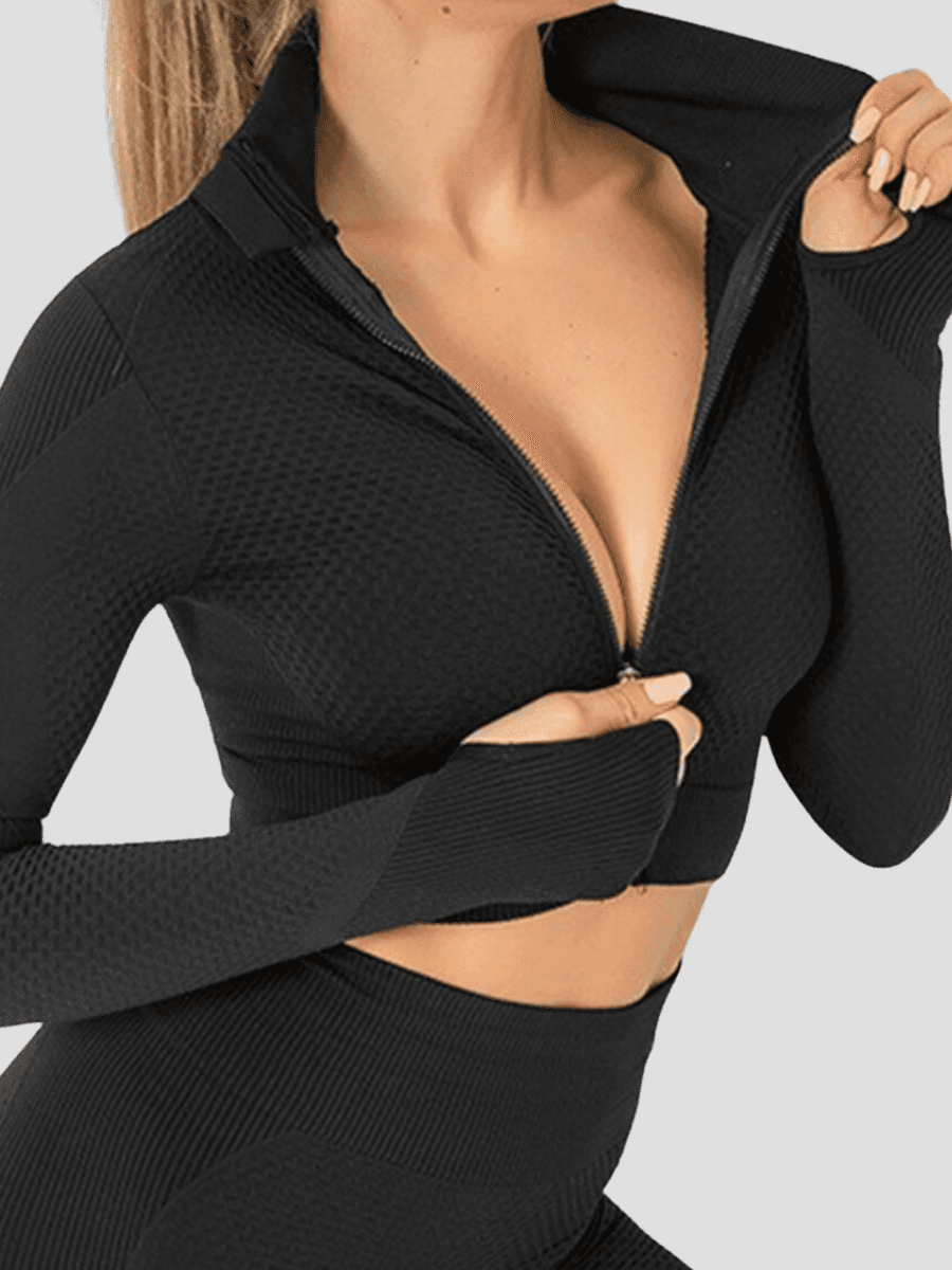BBL Jacket, Cropped athletic set top with zipper stretchy jacket, workout outfit, athleisure, activewear, activewear sets, workout clothes for women, sweat-wicking, high compression, cellulite smoothing, BBL Jacket, plus size gym outfits, workout wear, gym wear, athletic outfits, nike, under armour, adidas, puma, champion, bombshell activewear, gymshark women, Girlfriend Collective, lululemon, Alo Yoga, Bandier, Athleta, Athletica, Fabletics, Revenge body, Black.