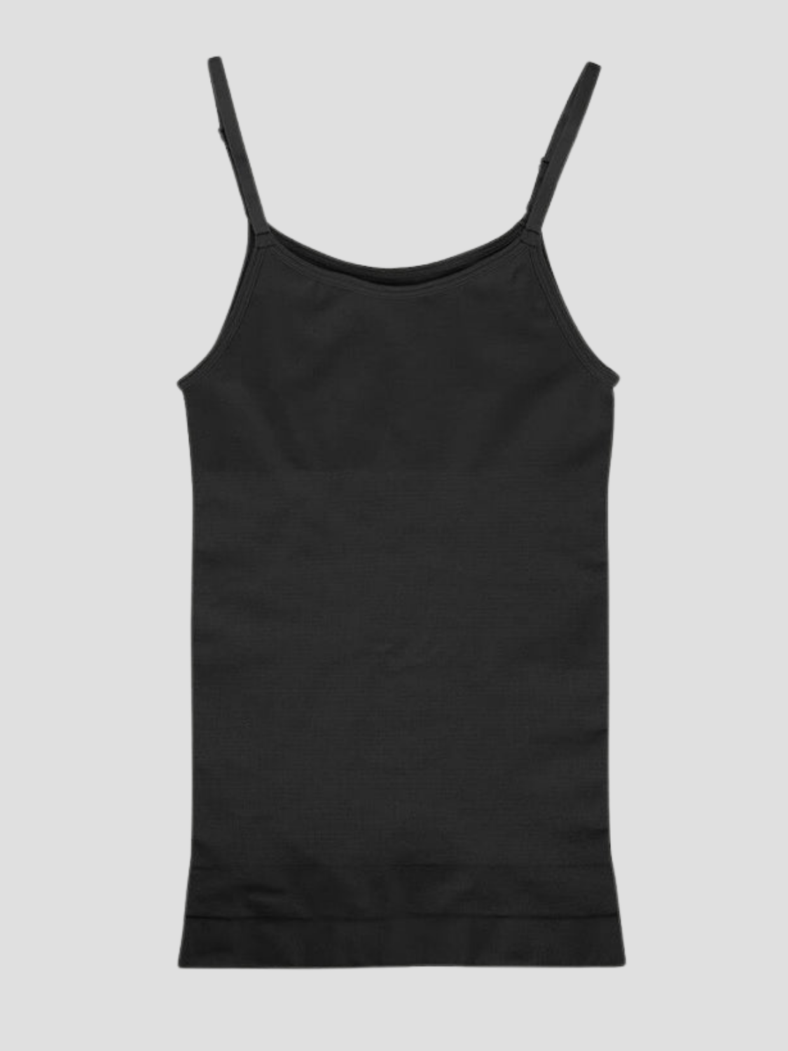 Black shapewear camisole with tummy control and adjustable straps.