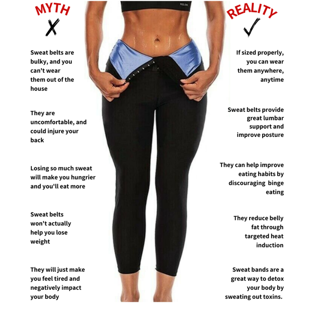 Woman wearing waist training shapewear sweat belt with sweaty stomach