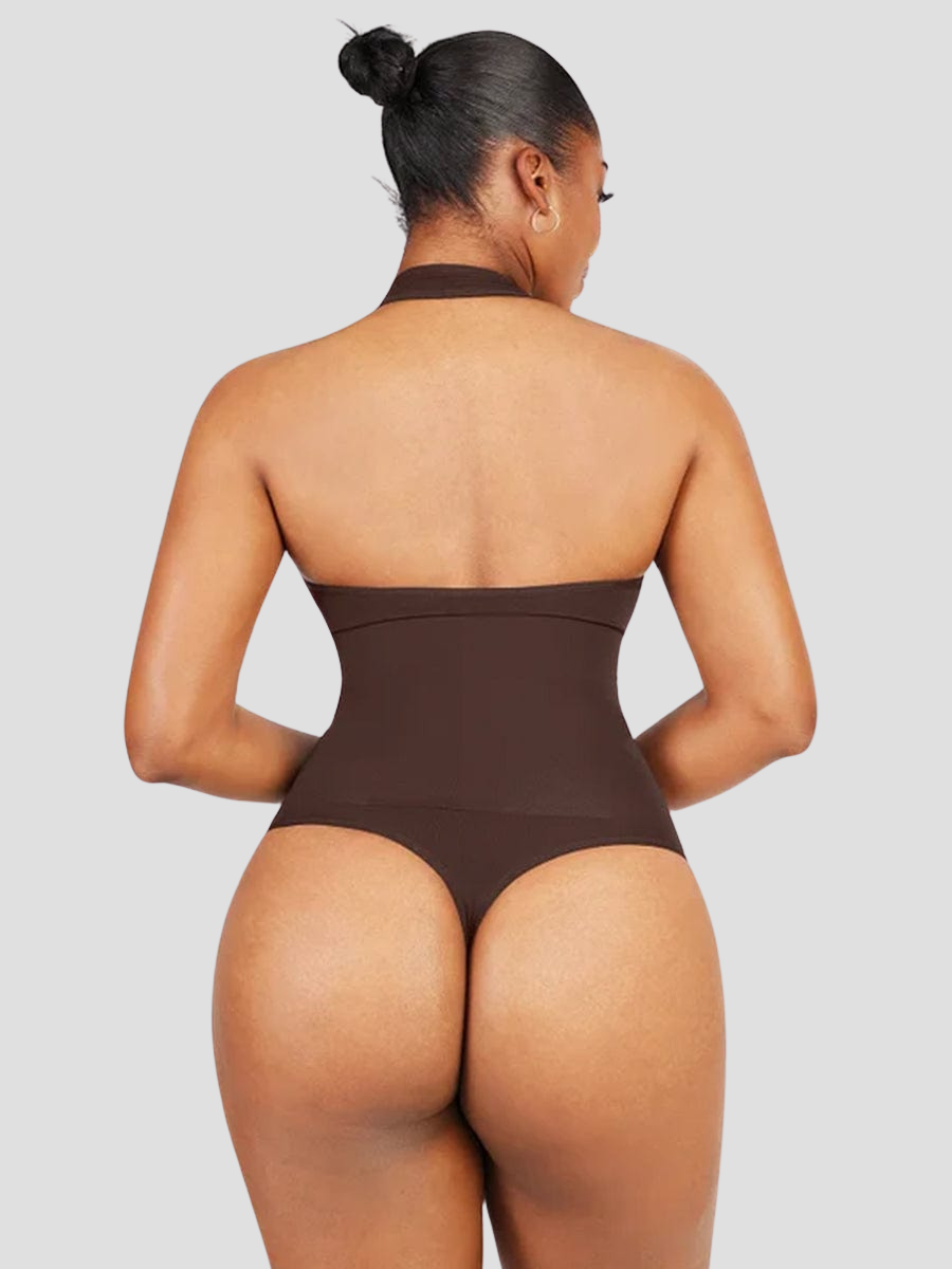 Shapewear bodysuit, halter top style, shaping bodysuit, snap crotch closure, button crotch closure, padded bra, removable padding, brown, chocolate