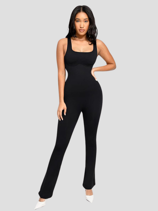 Flared shapewear jumpsuit romper with shaping seamless curve-enhancing design. Square neck, low back, fitted style in black.