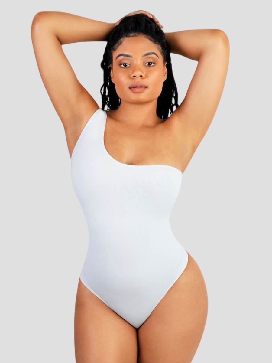 Off the shoulder shaping bodysuit, button crotch closure, snap crotch closure, built-in shapewear, breathable, moisture-wicking, pet friendly, white