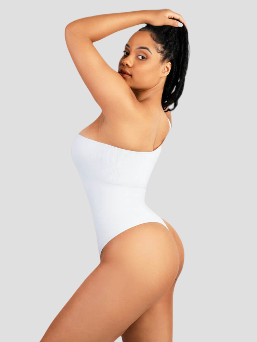 Off the shoulder shaping bodysuit, button crotch closure, snap crotch closure, built-in shapewear, breathable, moisture-wicking, pet friendly, white