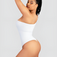 Off the shoulder shaping bodysuit, button crotch closure, snap crotch closure, built-in shapewear, breathable, moisture-wicking, pet friendly, white