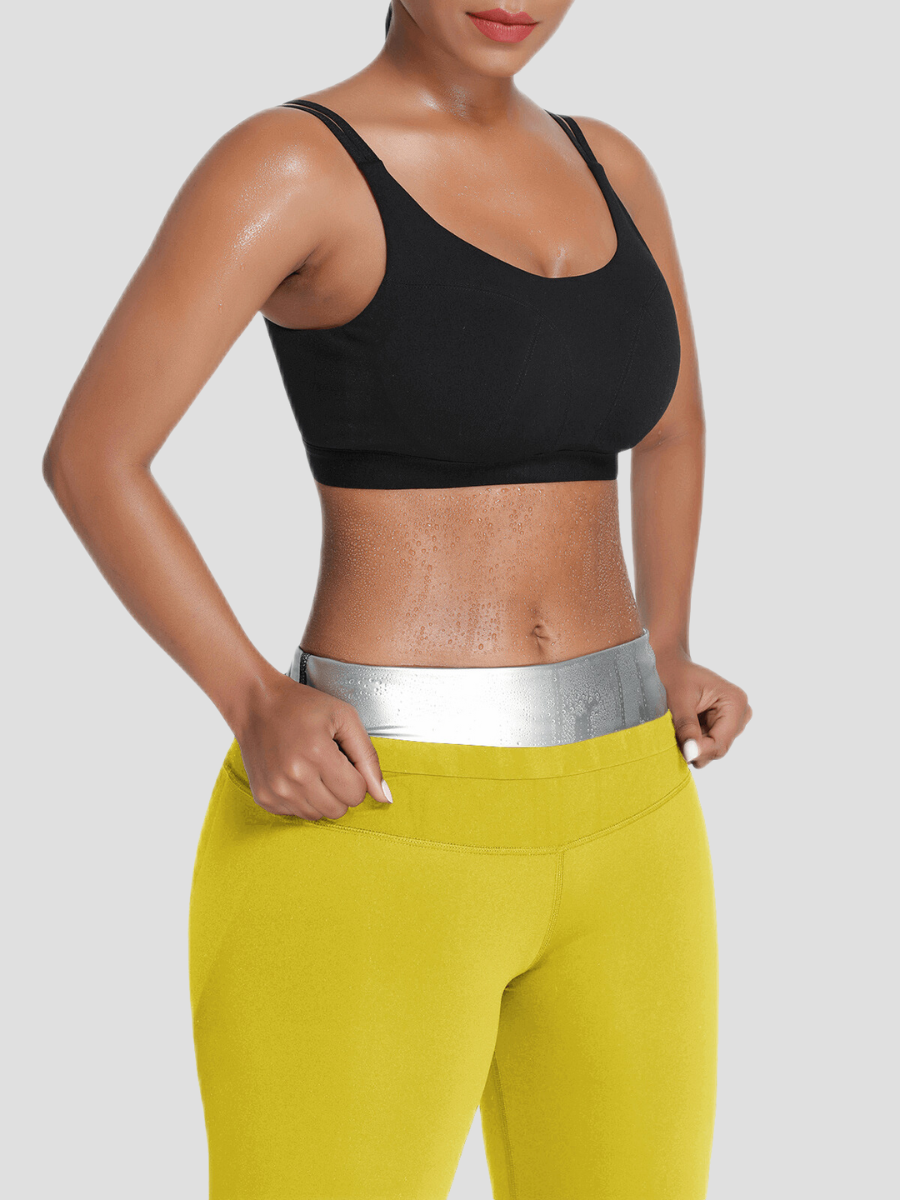 High waisted sauna shorts, Yellow, Thigh-toning, Weight Loss shorts, Sweat Belt Shorts, Sauna Shorts. Sauna Activewear, workout clothes for women, sweat-wicking, cellulite smoothing, waist cinching, BBL, seamless, squat proof, plus size gym outfits, high waisted, breathable, nike, adidas, puma, champion, bombshell activewear, gymshark women, Girlfriend Collective, lululemon, Athleta, Athletica, Fabletics.