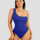 Off the shoulder shaping bodysuit, button crotch closure, snap crotch closure, built-in shapewear, breathable, moisture-wicking, pet friendly, blue