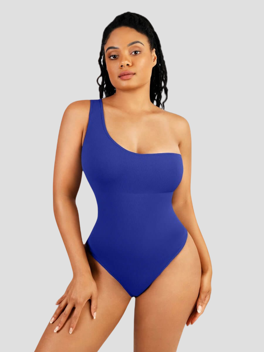 Off the shoulder shaping bodysuit, button crotch closure, snap crotch closure, built-in shapewear, breathable, moisture-wicking, pet friendly, blue