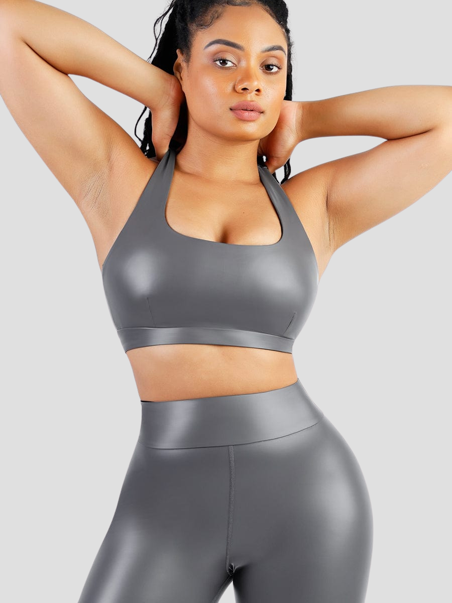 Sauna Sports Bra, silver metallic shiny, sweat-inducing, sweat belt sports bra, zippered racerback moisture wicking, weight loss aid activewear