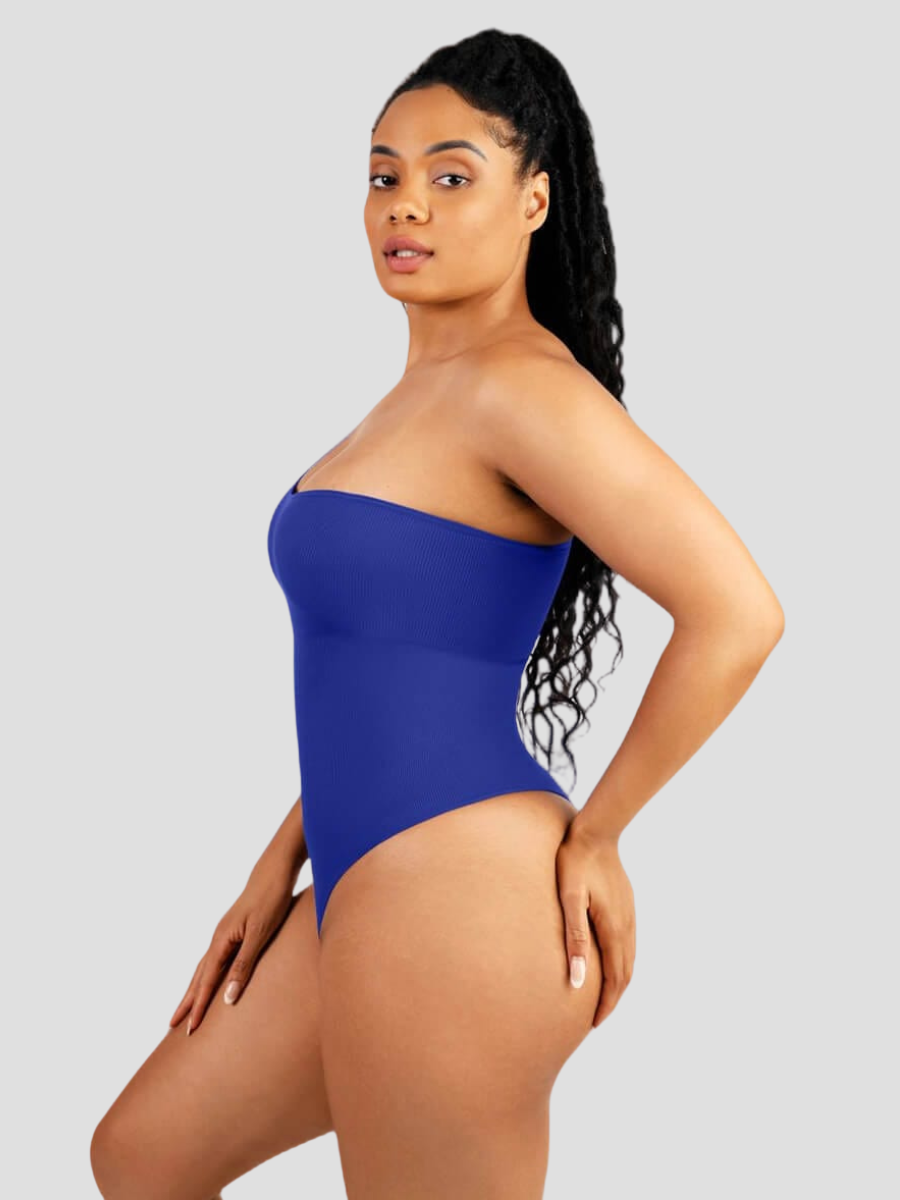 Off the shoulder shaping bodysuit, button crotch closure, snap crotch closure, built-in shapewear, breathable, moisture-wicking, pet friendly, blue