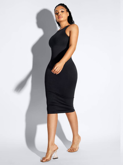 Shapewear dress, shaping dress, sleeveless, black shaper dress mid-calf padded bra shapewear, Outerwear shapewear, shapewear outerwear, Waist cinching, Waist snatching, snatched, Hidden shapwear, built-in shapewear, shapewear technology, stretchy, compression, arm slimming, tummy control, body contouring, best shapewear for women, shapewear on sale, Canadian shapewear brand, skims, spanx, popilush, shapermint. Feelin girl.