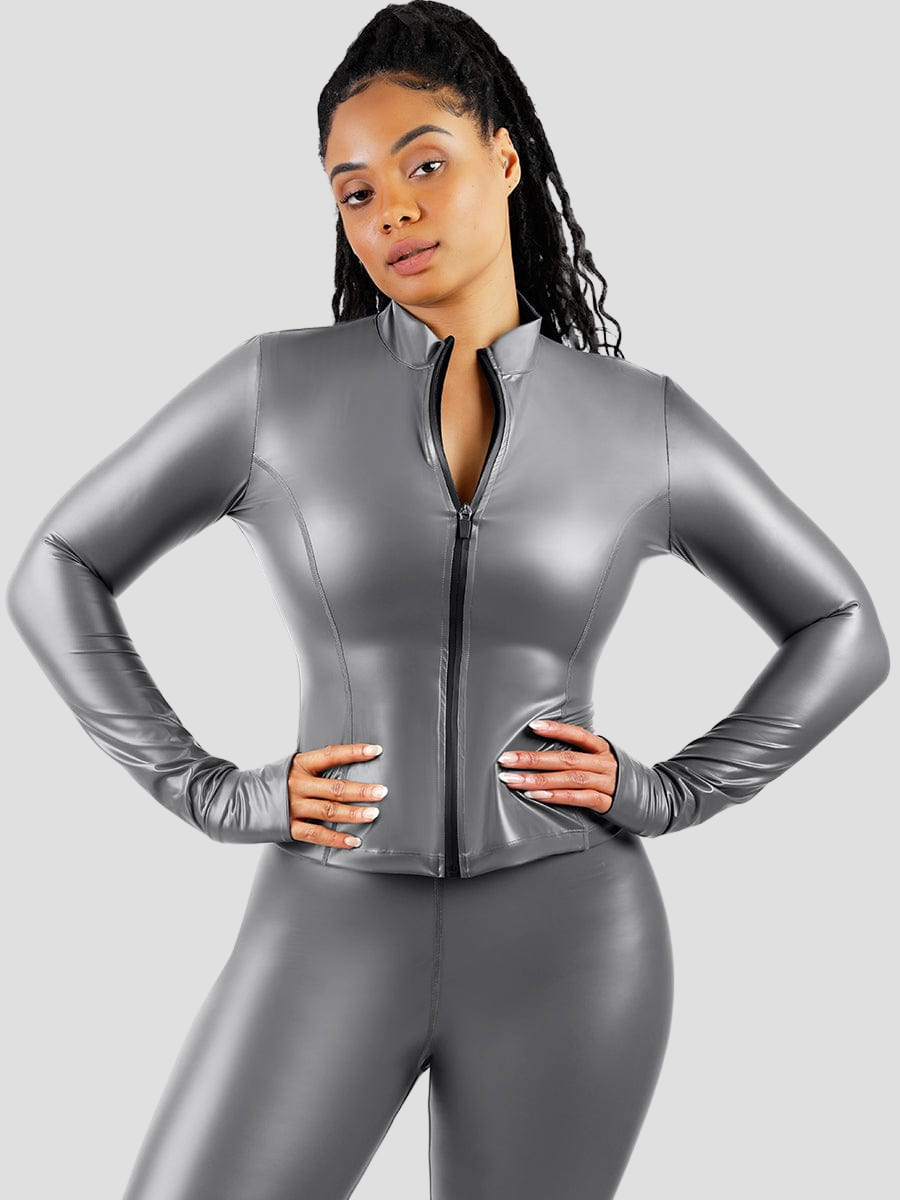 Zippered Sauna activewear jacket, silver metallic shiny, sweat-inducing, sweat belt Jacket, high waisted, mid height, moisture wicking, weight loss aid