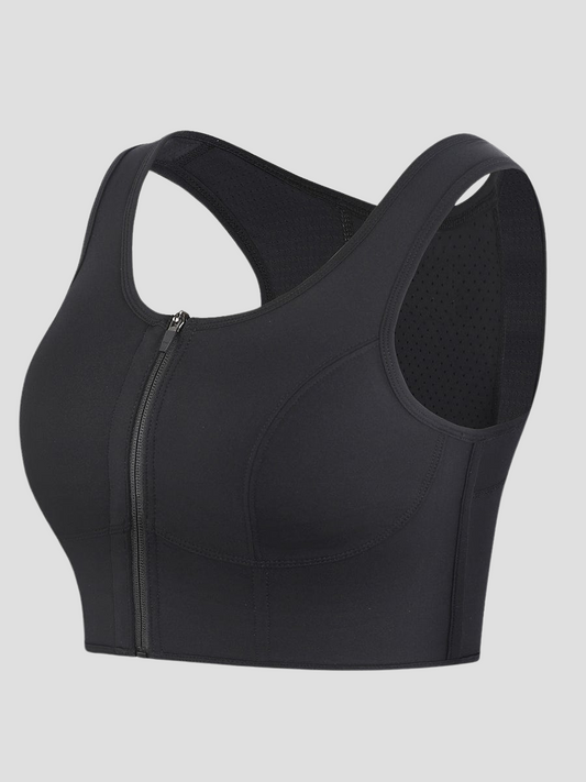 Sports bra, back smoothing, steel boning, zipper, scoop neck, breast support, boob support