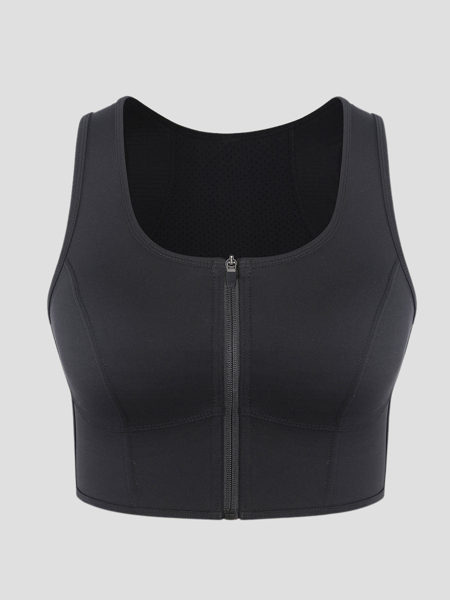 Sports bra, back smoothing, steel boning, zipper, scoop neck, breast support, boob support