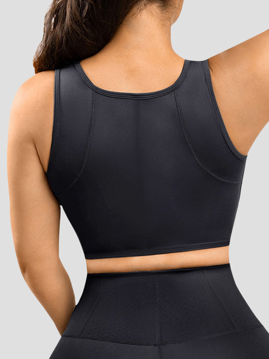 Sports bra, back smoothing, steel boning, zipper, scoop neck, breast support, boob support