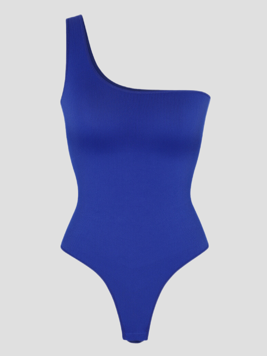 Off the shoulder shaping bodysuit, button crotch closure, snap crotch closure, built-in shapewear, breathable, moisture-wicking, pet friendly, blue