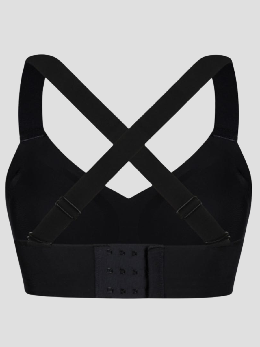 Wireless, seamless sports bra, wireless bra, padded bra, removable padding, wide, adjustable strap, moisture-wicking, buttery-soft material, black