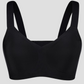 Wireless, seamless sports bra, wireless bra, padded bra, removable padding, wide, adjustable strap, moisture-wicking, buttery-soft material, black