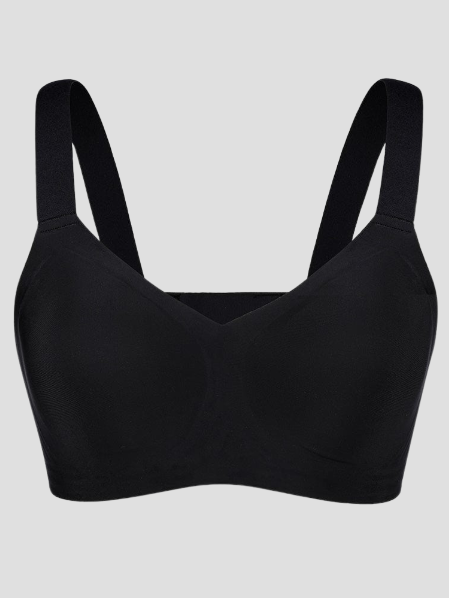 Wireless, seamless sports bra, wireless bra, padded bra, removable padding, wide, adjustable strap, moisture-wicking, buttery-soft material, black