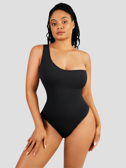 Off the shoulder shaping bodysuit, button crotch closure, snap crotch closure, built-in shapewear, breathable, moisture-wicking, pet friendly, black