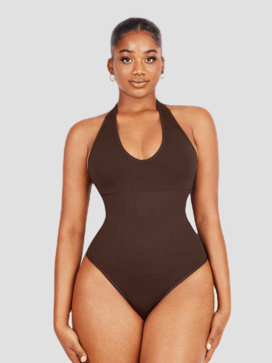 Shapewear bodysuit, halter top style, shaping bodysuit, snap crotch closure, button crotch closure, padded bra, removable padding, brown, chocolate